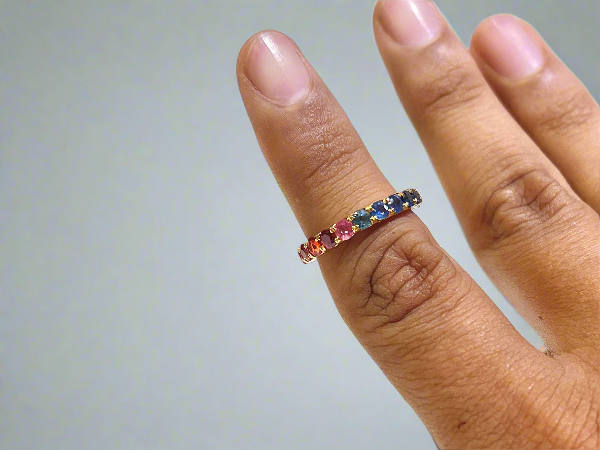 Multicolored gemstone ring on a finger against a white background