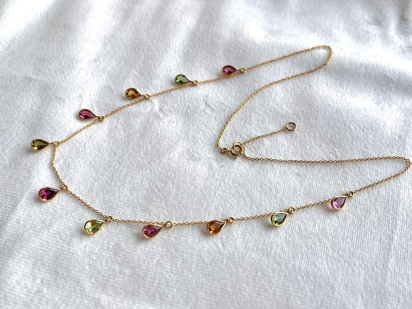 Tourmaline Bezel Set 18K Yellow Gold Dangling Gemstone Station Necklace
