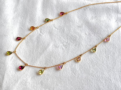 Tourmaline Bezel Set 18K Yellow Gold Dangling Gemstone Station Necklace