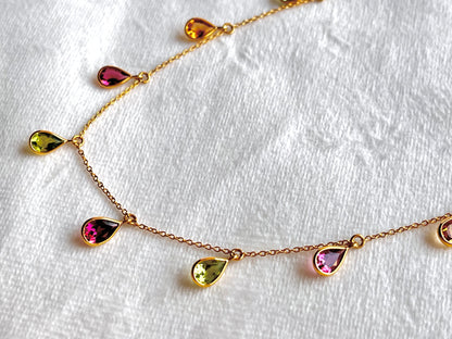 Tourmaline Bezel Set 18K Yellow Gold Dangling Gemstone Station Necklace