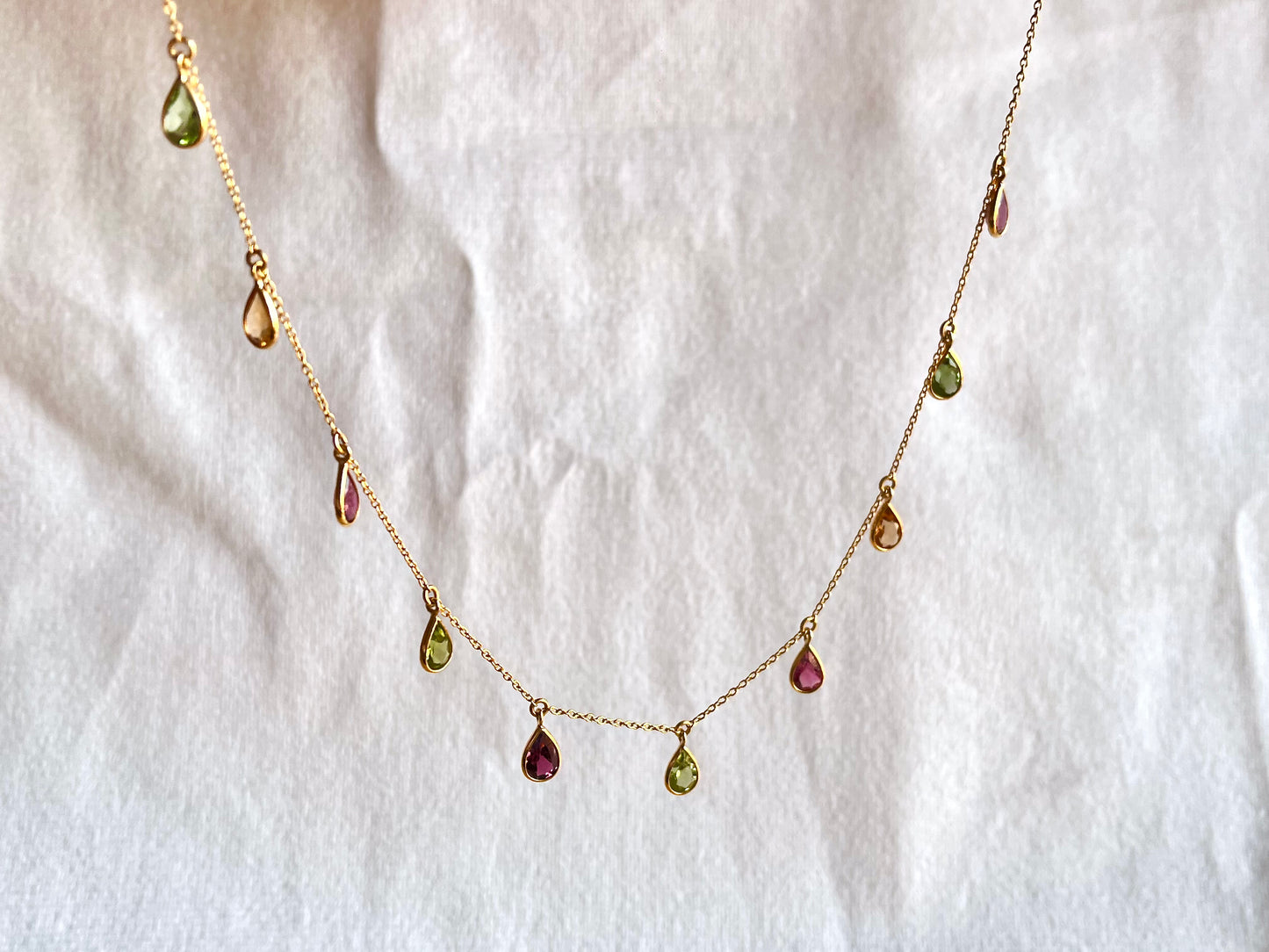 Tourmaline Bezel Set 18K Yellow Gold Dangling Gemstone Station Necklace
