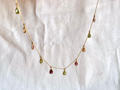 Tourmaline Bezel Set 18K Yellow Gold Dangling Gemstone Station Necklace
