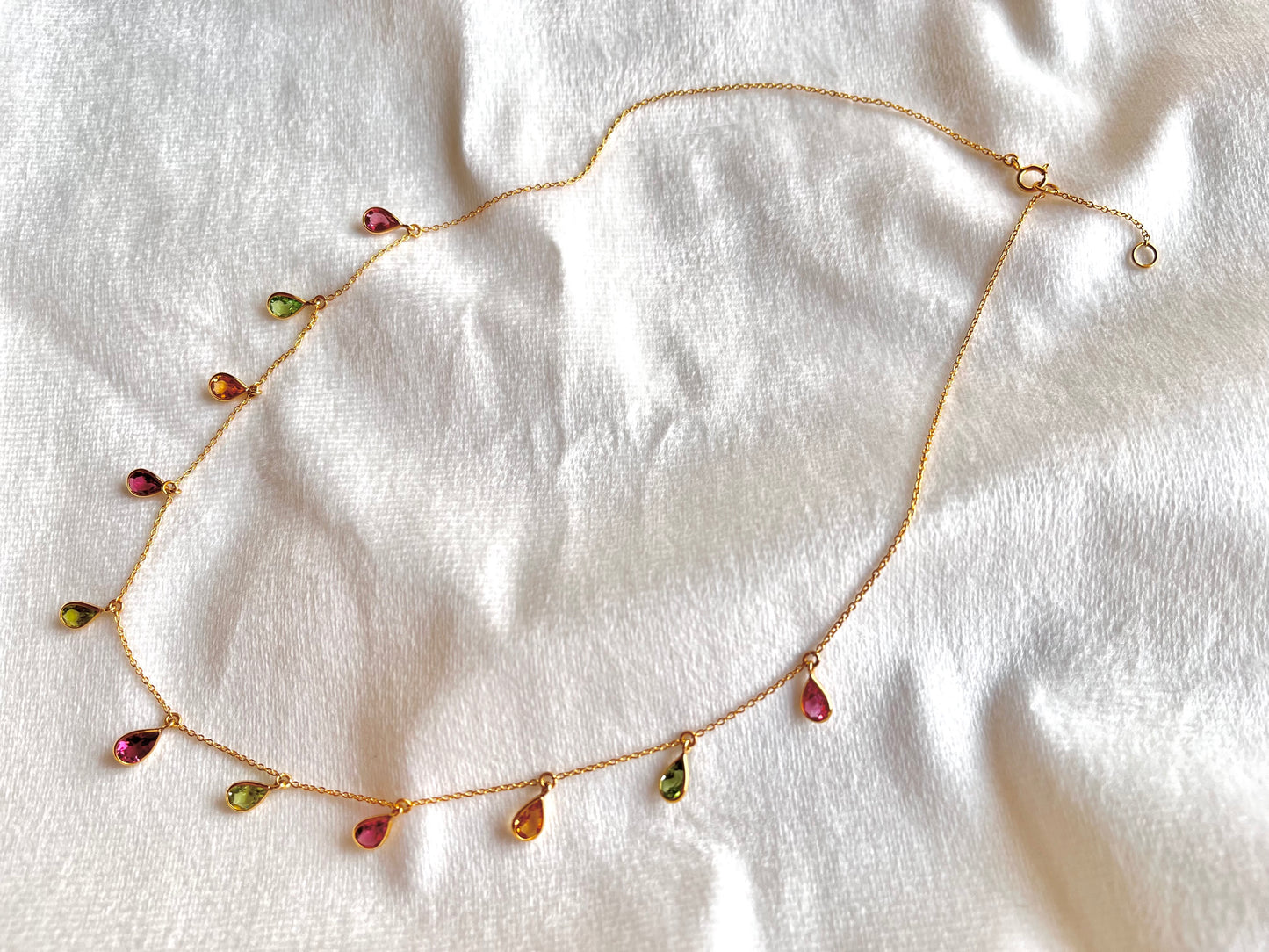 Tourmaline Bezel Set 18K Yellow Gold Dangling Gemstone Station Necklace