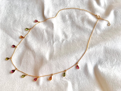 Tourmaline Bezel Set 18K Yellow Gold Dangling Gemstone Station Necklace
