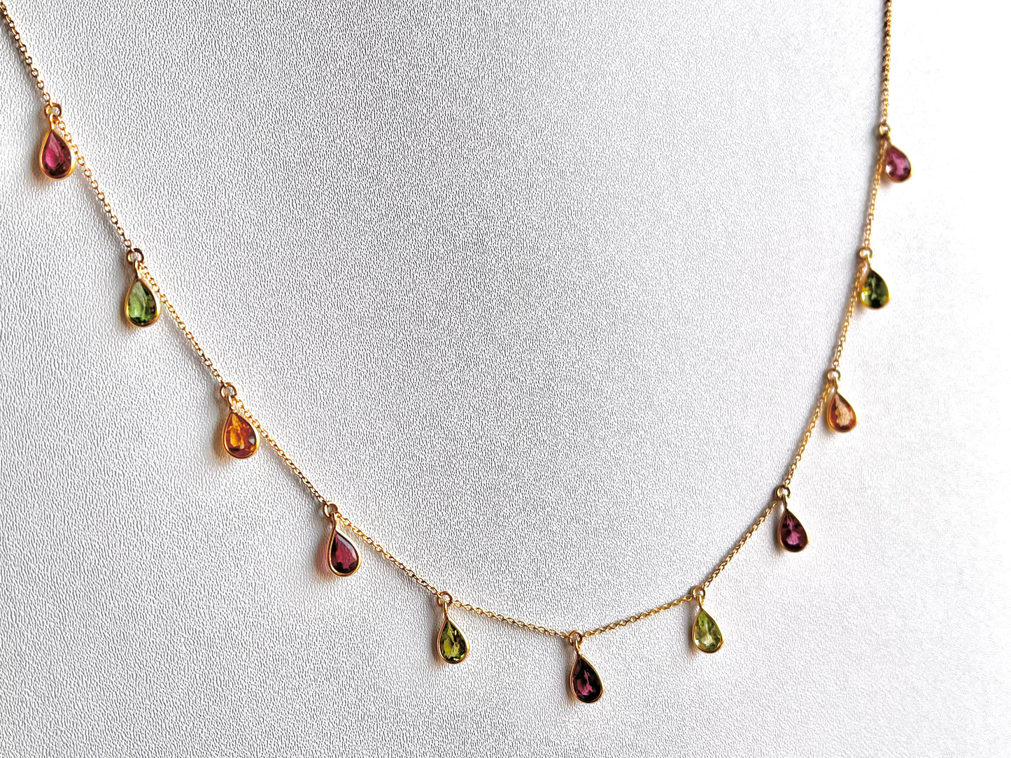 Tourmaline Bezel Set 18K Yellow Gold Dangling Gemstone Station Necklace