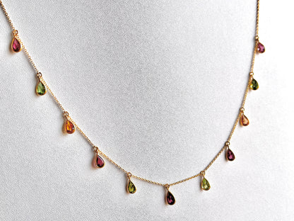 Tourmaline Bezel Set 18K Yellow Gold Dangling Gemstone Station Necklace