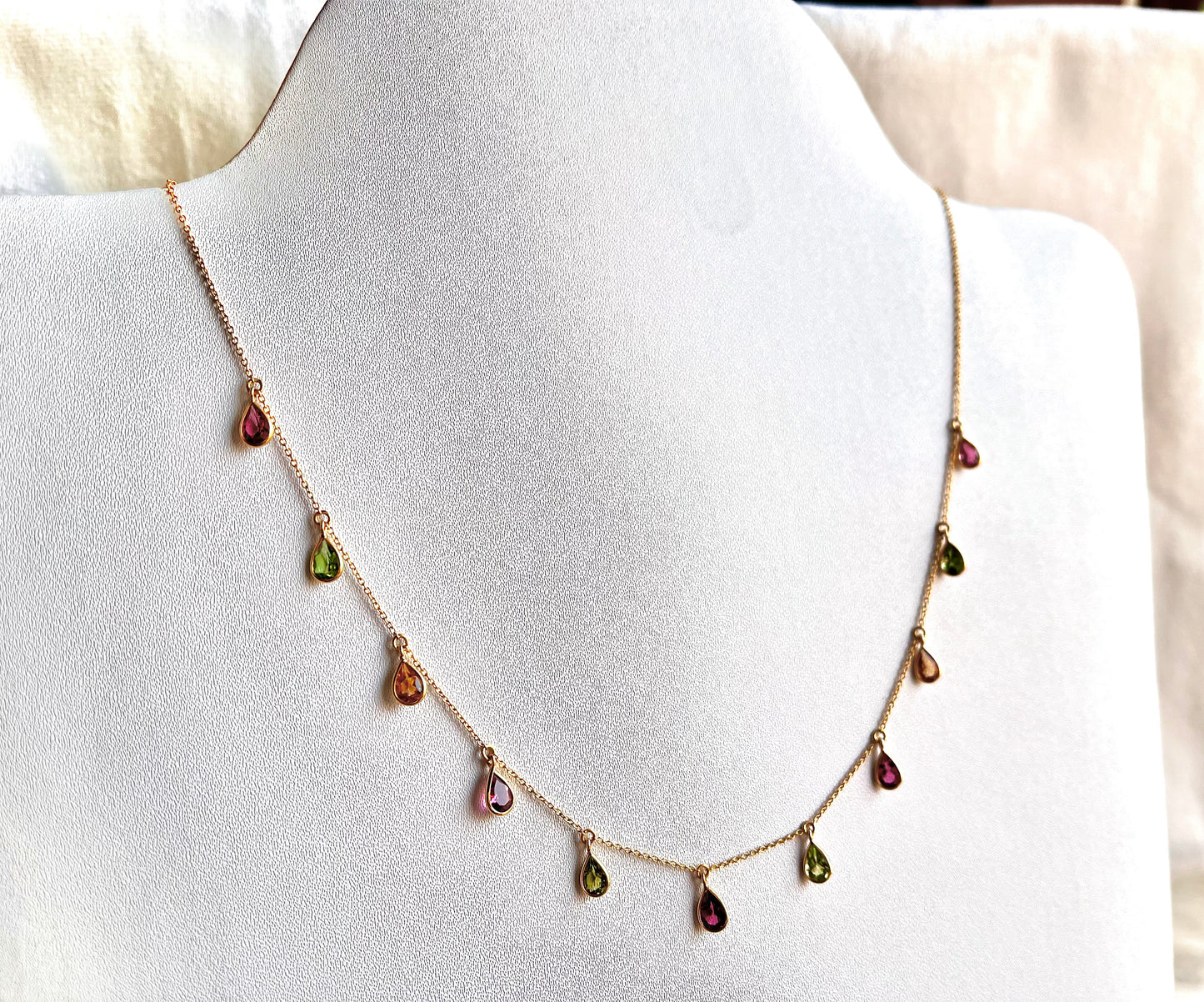 Tourmaline Bezel Set 18K Yellow Gold Dangling Gemstone Station Necklace