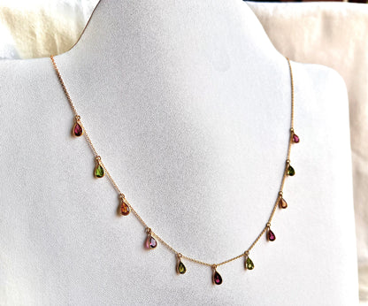 Tourmaline Bezel Set 18K Yellow Gold Dangling Gemstone Station Necklace