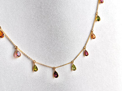 Tourmaline Bezel Set 18K Yellow Gold Dangling Gemstone Station Necklace