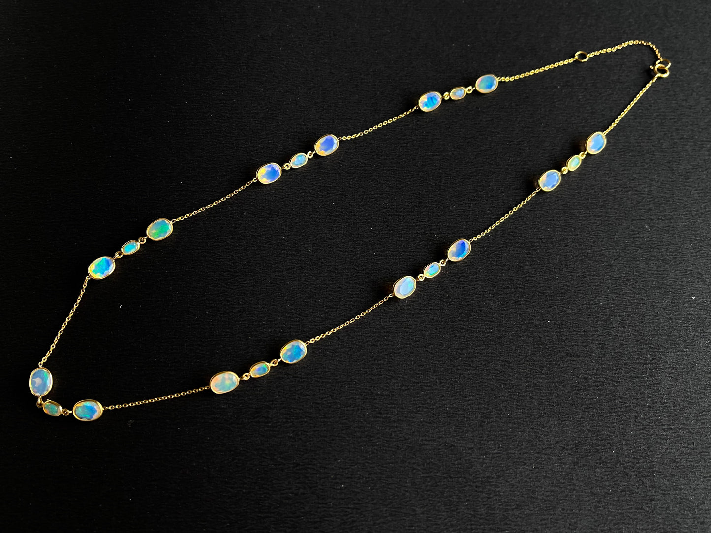 Natural Opal Bezel Set 18K Yellow Gold Opalescence Station Necklace and Bracelet