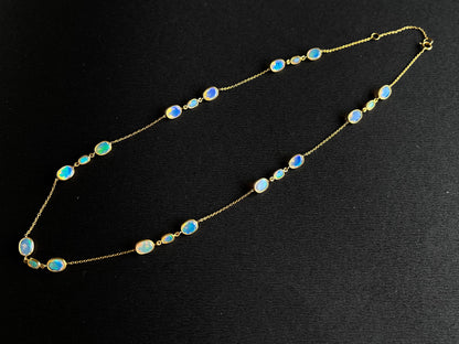Natural Opal Bezel Set 18K Yellow Gold Opalescence Station Necklace and Bracelet