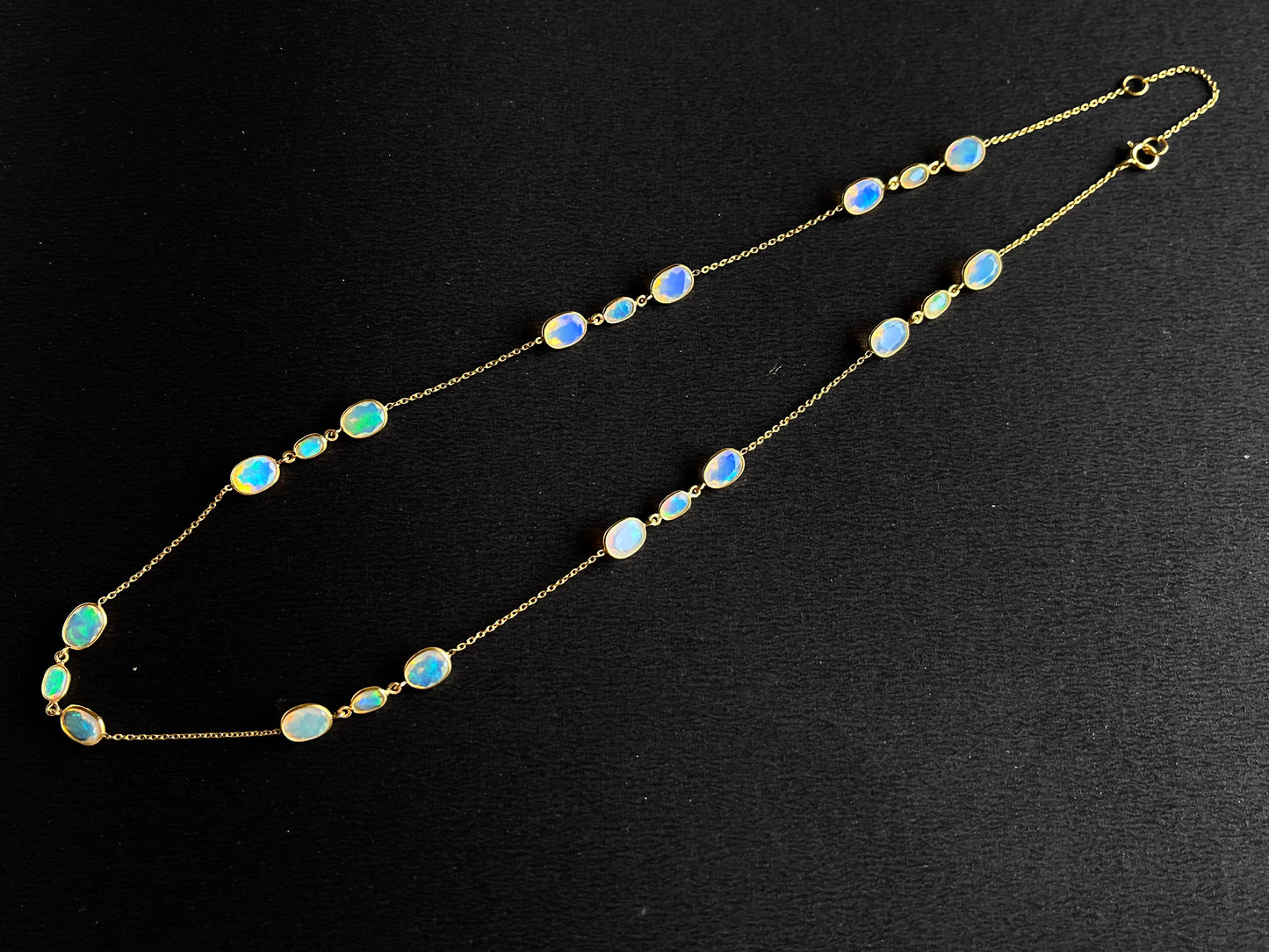 Natural Opal Bezel Set 18K Yellow Gold Opalescence Station Necklace and Bracelet