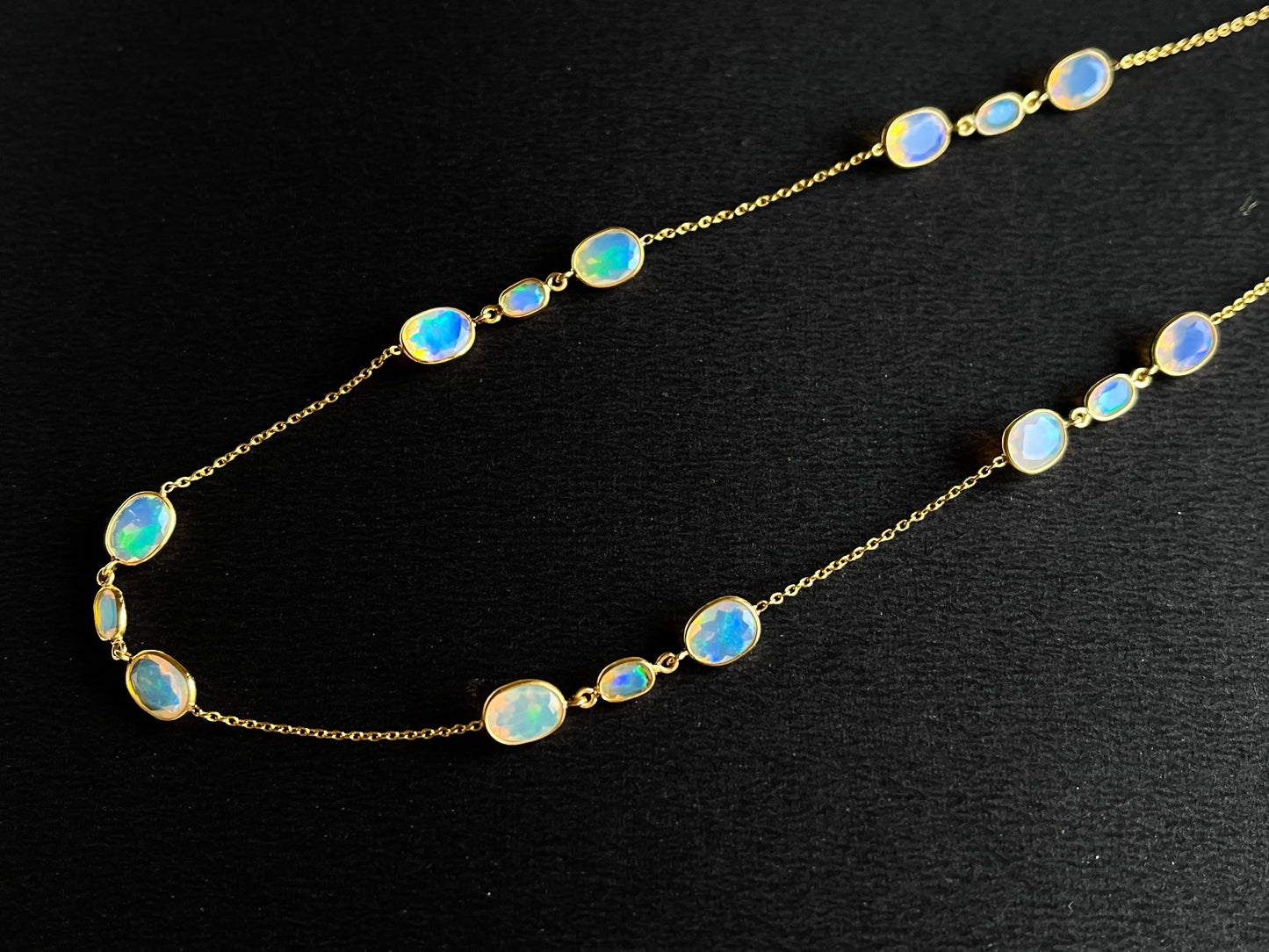 Natural Opal Bezel Set 18K Yellow Gold Opalescence Station Necklace and Bracelet