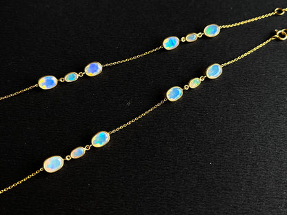 Natural Opal Bezel Set 18K Yellow Gold Opalescence Station Necklace and Bracelet