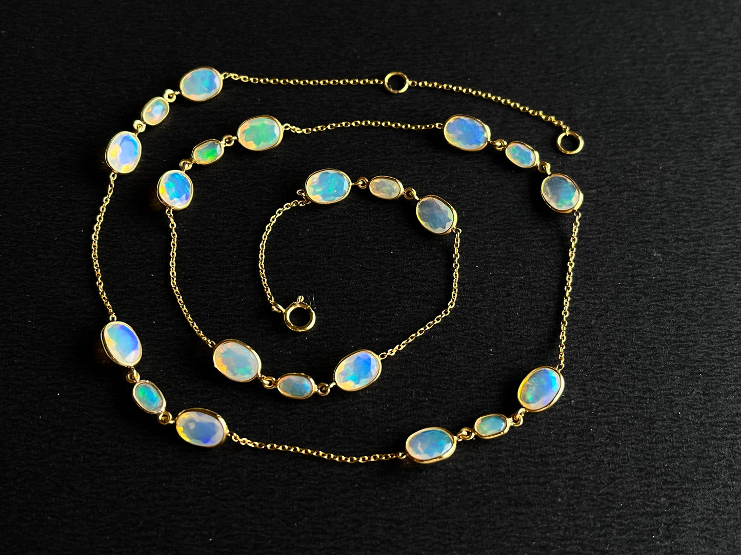 Natural Opal Bezel Set 18K Yellow Gold Opalescence Station Necklace and Bracelet