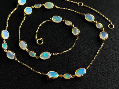 Natural Opal Bezel Set 18K Yellow Gold Opalescence Station Necklace and Bracelet