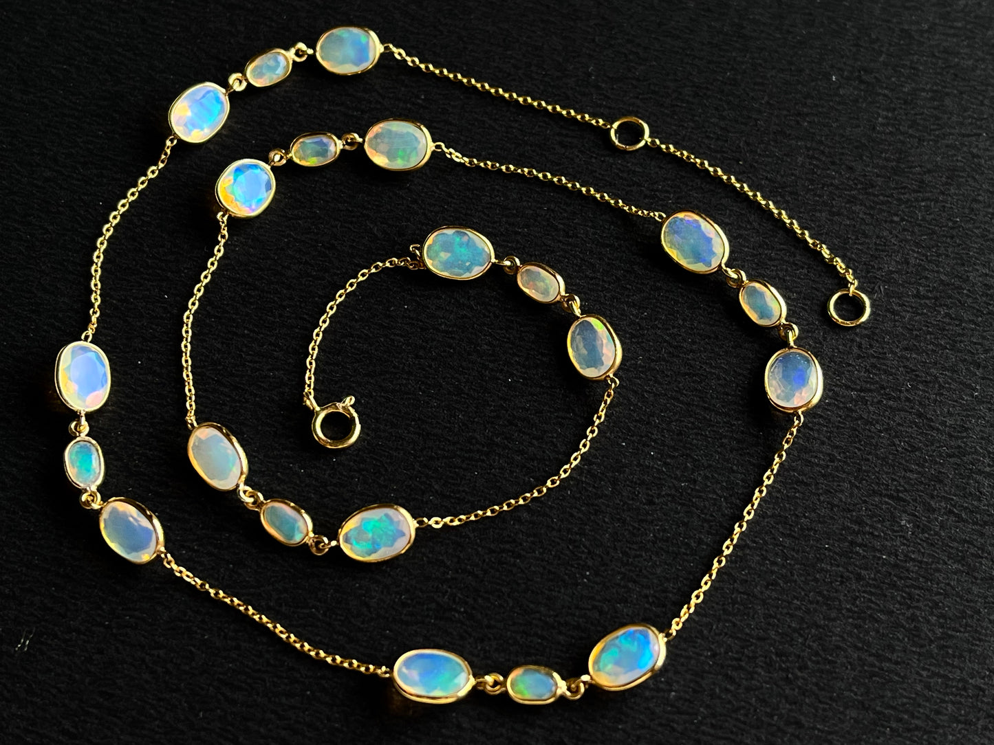 Natural Opal Bezel Set 18K Yellow Gold Opalescence Station Necklace and Bracelet