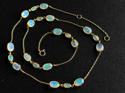 Natural Opal Bezel Set 18K Yellow Gold Opalescence Station Necklace and Bracelet