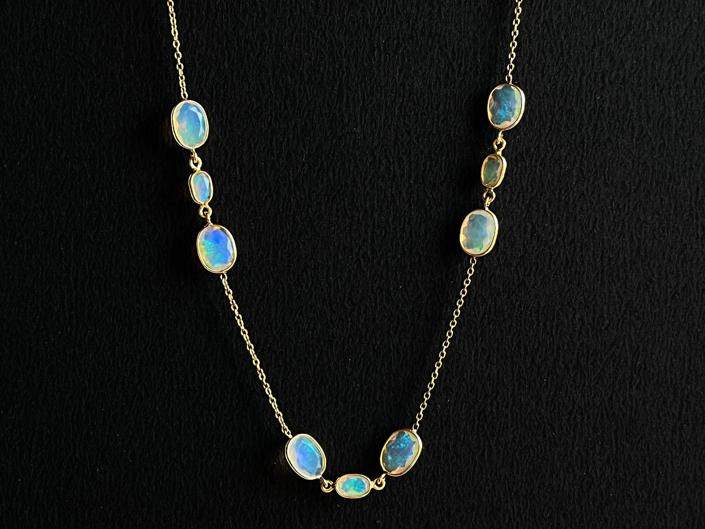 Natural Opal Bezel Set 18K Yellow Gold Opalescence Station Necklace and Bracelet