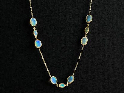 Natural Opal Bezel Set 18K Yellow Gold Opalescence Station Necklace and Bracelet