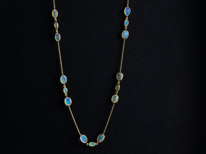 Natural Opal Bezel Set 18K Yellow Gold Opalescence Station Necklace and Bracelet