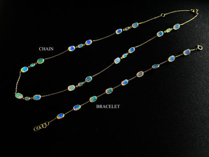 Natural Opal Bezel Set 18K Yellow Gold Opalescence Station Necklace and Bracelet