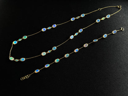 Natural Opal Bezel Set 18K Yellow Gold Opalescence Station Necklace and Bracelet