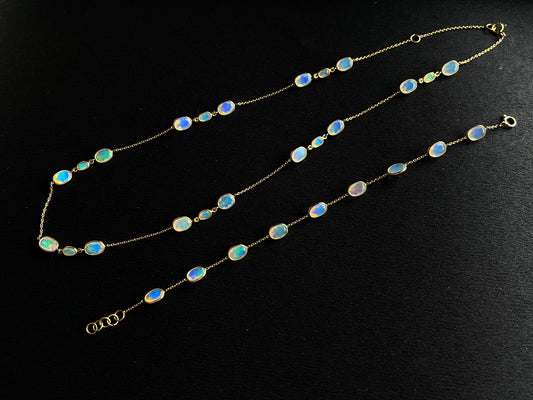 Natural Opal Bezel Set 18K Yellow Gold Opalescence Station Necklace and Bracelet