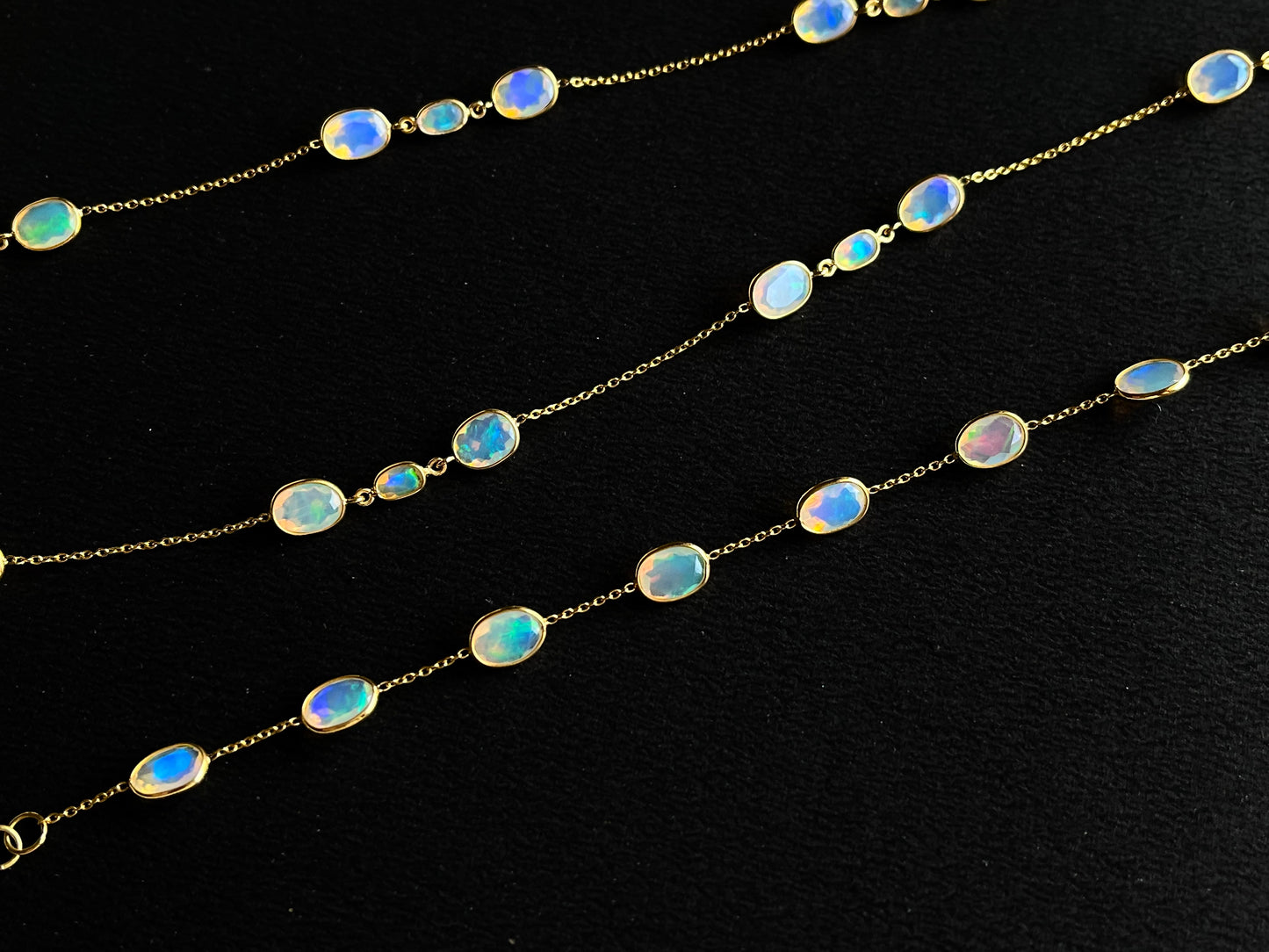 Natural Opal Bezel Set 18K Yellow Gold Opalescence Station Necklace and Bracelet