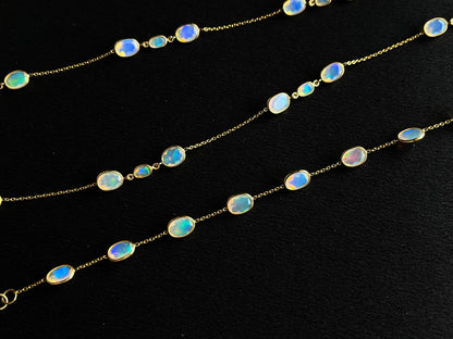 Natural Opal Bezel Set 18K Yellow Gold Opalescence Station Necklace and Bracelet
