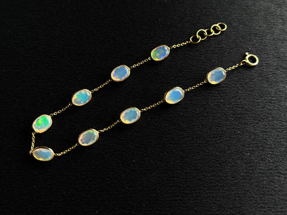 Natural Opal Bezel Set 18K Yellow Gold Opalescence Station Necklace and Bracelet