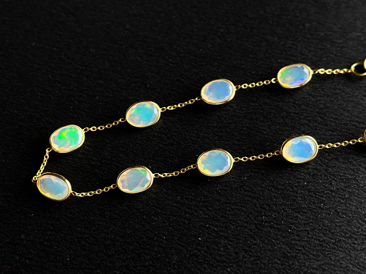 Natural Opal Bezel Set 18K Yellow Gold Opalescence Station Necklace and Bracelet
