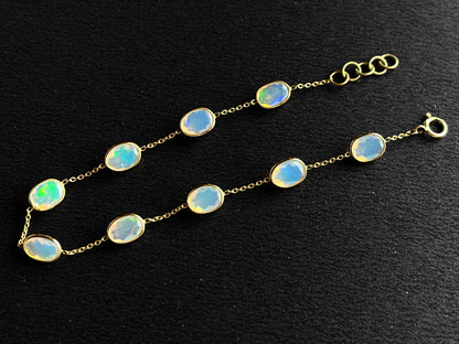 Natural Opal Bezel Set 18K Yellow Gold Opalescence Station Necklace and Bracelet