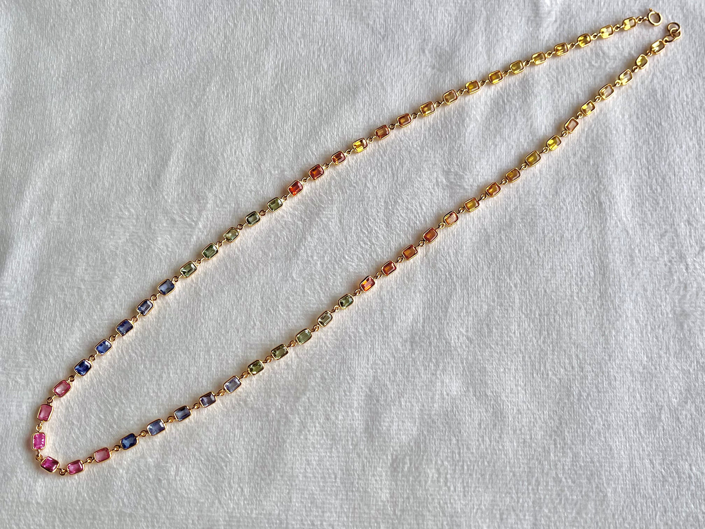 18K Yellow Gold Necklace Rainbow Sapphire Gemstone Octagon Bezel Set