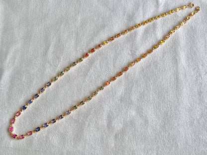 18K Yellow Gold Necklace Rainbow Sapphire Gemstone Octagon Bezel Set
