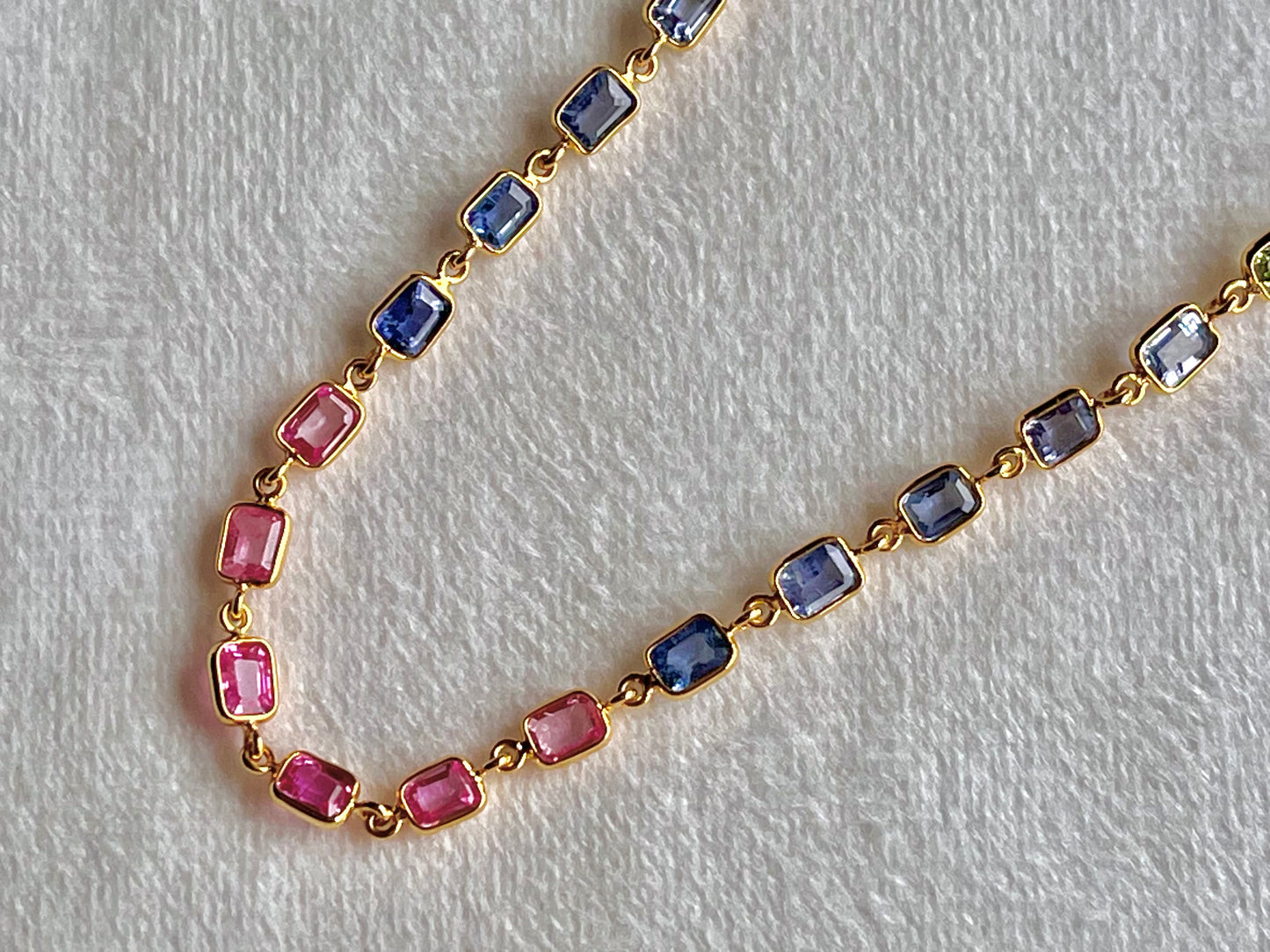 18K Yellow Gold Necklace Rainbow Sapphire Gemstone Octagon Bezel Set