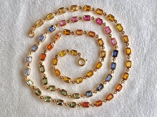 18K Yellow Gold Necklace Rainbow Sapphire Gemstone Octagon Bezel Set