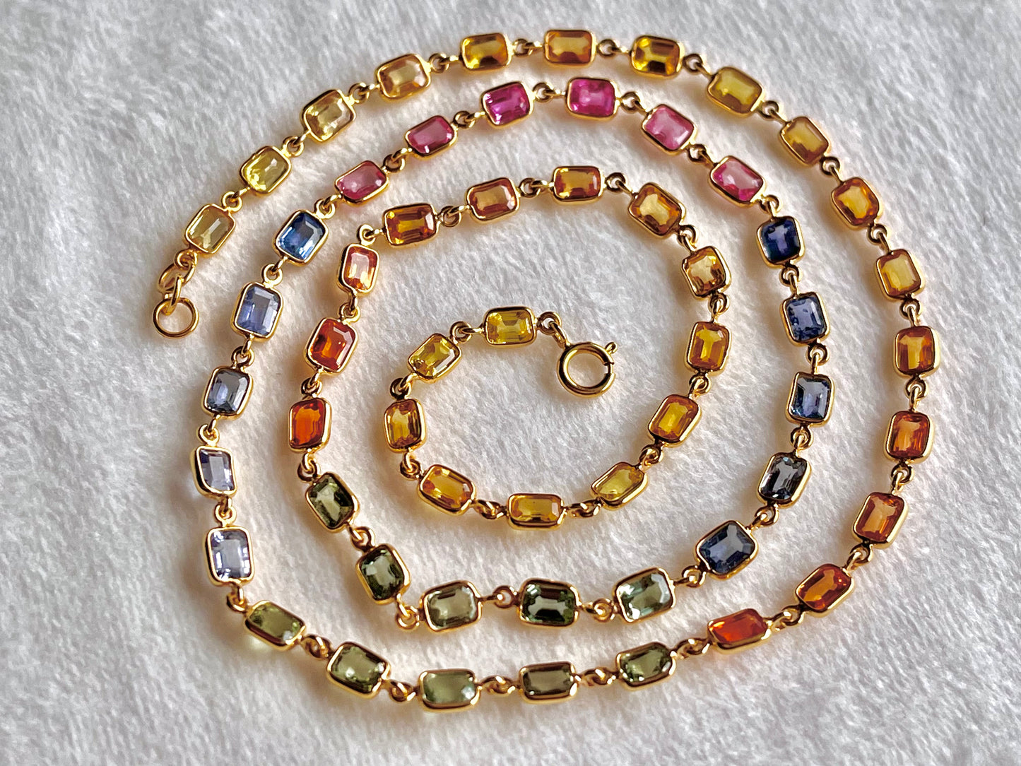 18K Yellow Gold Necklace Rainbow Sapphire Gemstone Octagon Bezel Set