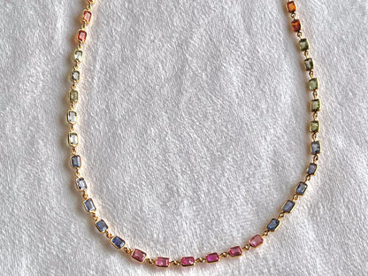 18K Yellow Gold Necklace Rainbow Sapphire Gemstone Octagon Bezel Set