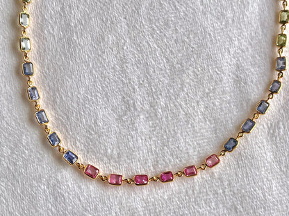 18K Yellow Gold Necklace Rainbow Sapphire Gemstone Octagon Bezel Set