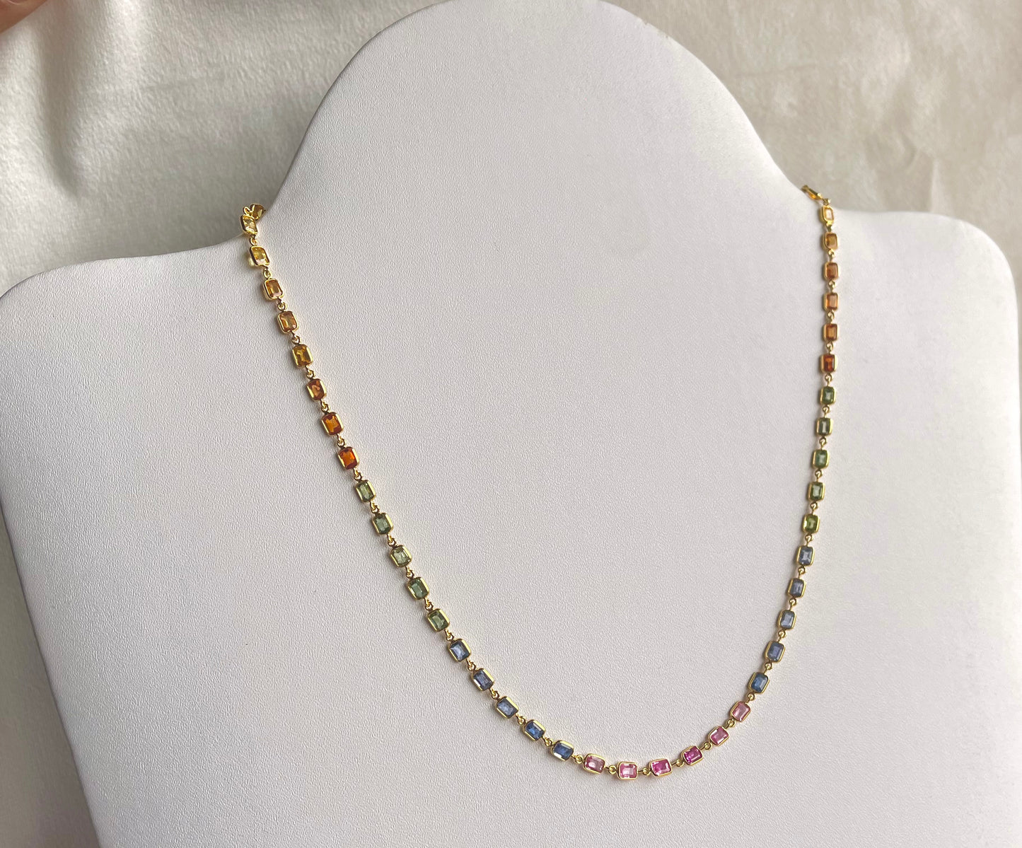 18K Yellow Gold Necklace Rainbow Sapphire Gemstone Octagon Bezel Set