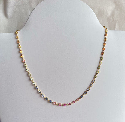 18K Yellow Gold Necklace Rainbow Sapphire Gemstone Octagon Bezel Set