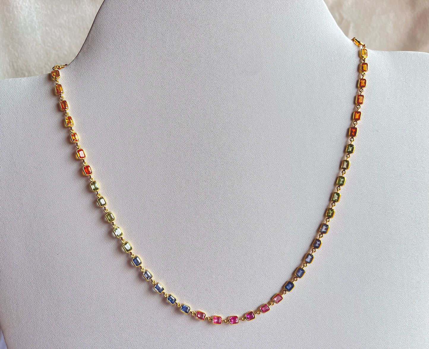 18K Yellow Gold Necklace Rainbow Sapphire Gemstone Octagon Bezel Set