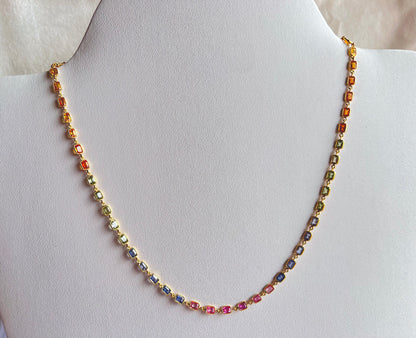 18K Yellow Gold Necklace Rainbow Sapphire Gemstone Octagon Bezel Set