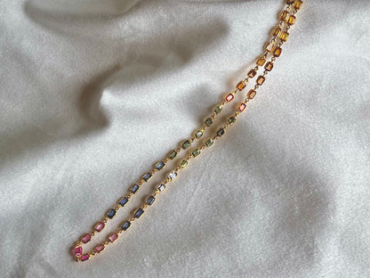 18K Yellow Gold Necklace Rainbow Sapphire Gemstone Octagon Bezel Set