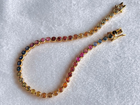 18K Yellow Gold Rainbow Sapphire Tennis Bracelet, 3mm Round Natural Sapphire Jewelry