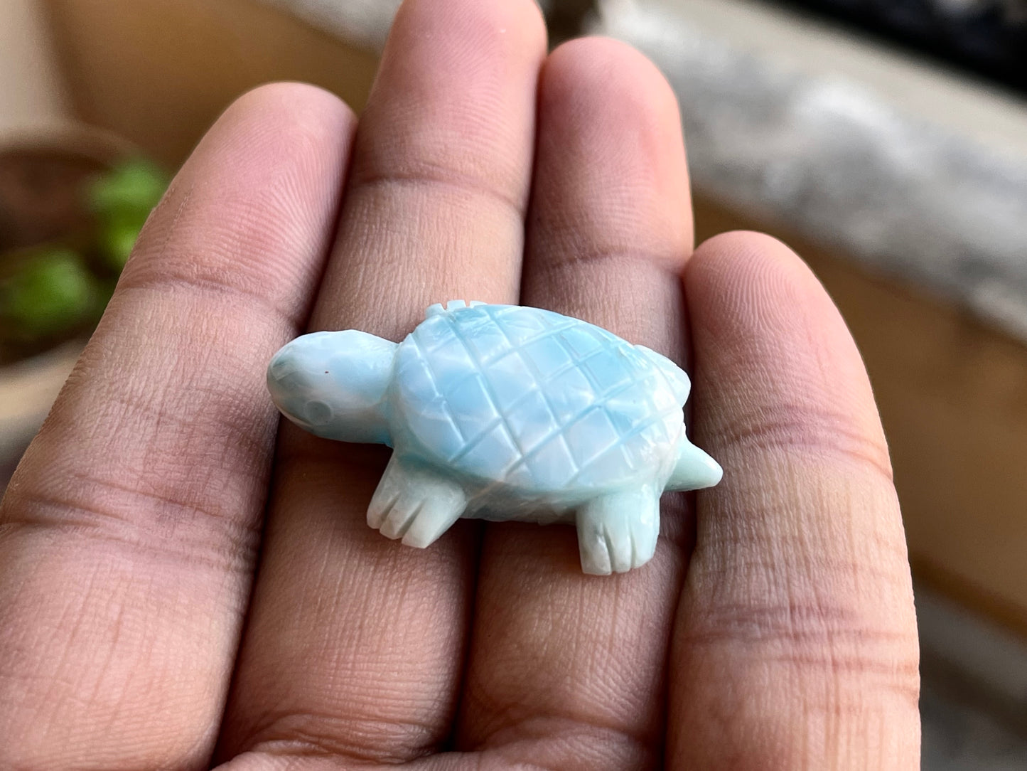Natural Larimar Hand Carved Gemstone Turtle Figurine (with Hole)