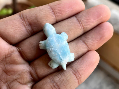 Natural Larimar Hand Carved Gemstone Turtle Figurine (with Hole)