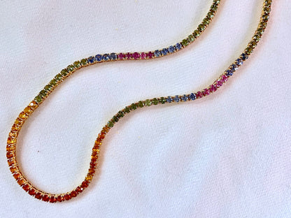 Rainbow Sapphire Tennis 14K Necklace