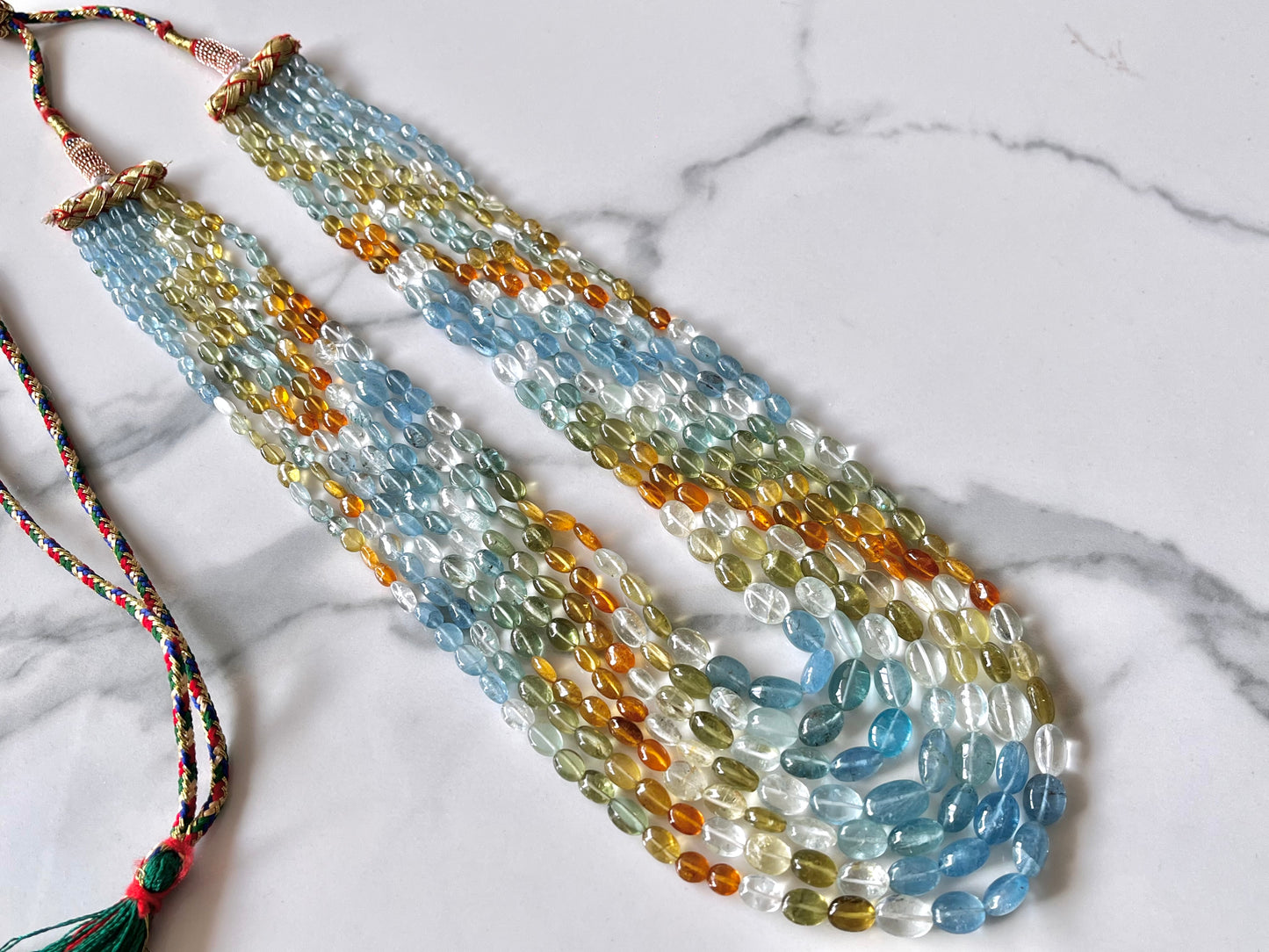 7 Layers Natural Multi Aquamarine Smooth Oval Shape beaded Necklace